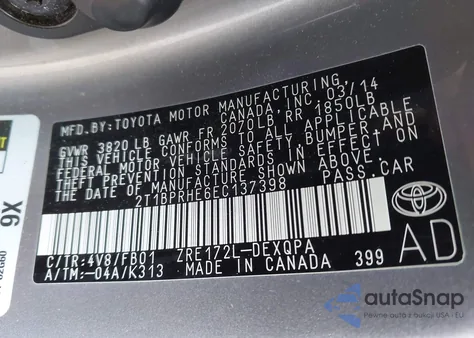 2014 Toyota Corolla Le Eco z USA, uszkodzony, nr VIN 2T1BPRHE6EC137398